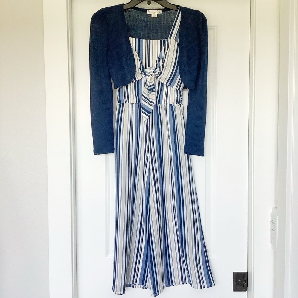 Knitworks Blue and White Striped Midi Jumpsuit with Navy Cardigan